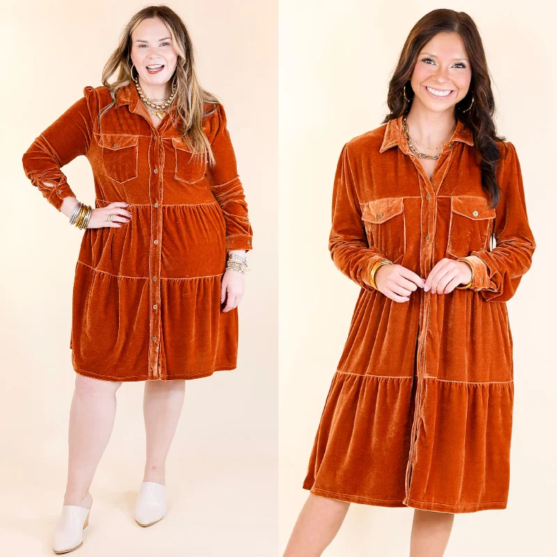 Grateful Gathering Velvet Button Up Dress with Long Sleeves in Burnt Orange