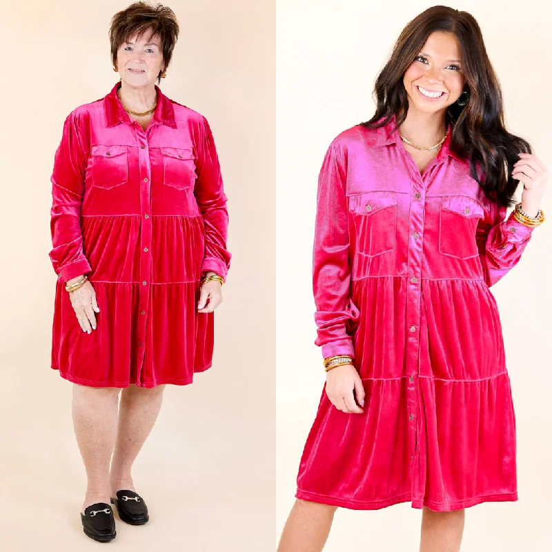 Grateful Gathering Velvet Button Up Dress with Long Sleeves in Raspberry Pink