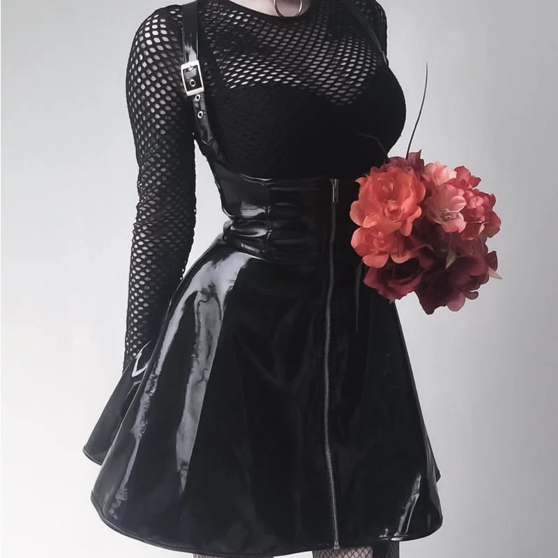 Leather Black Skirt High Waist Suspender Mini Skirt Women A Line Skirt