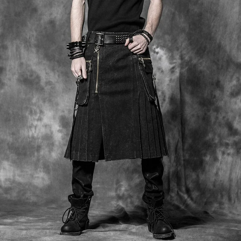 Men's Punk Pleated Kilt with Skull Pocket