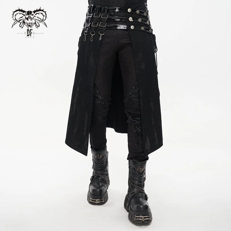 Men's Punk Splice Distressed Kilt with Faux Patent Leather Straps