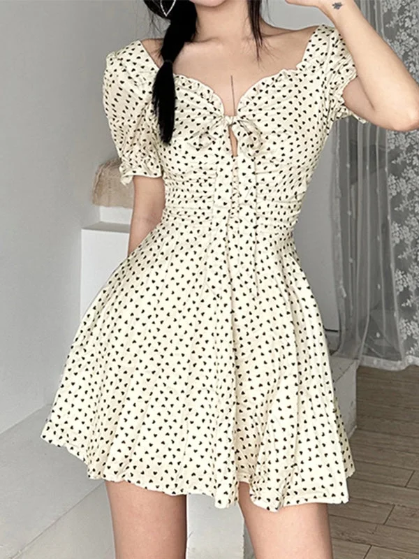 Tie Strap Heart Puff Sleeve Mini Dress