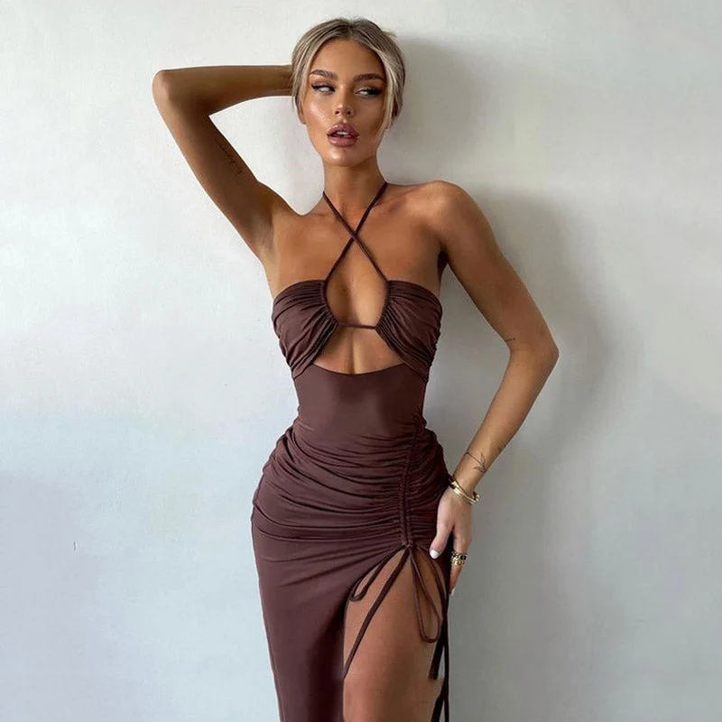 High Split Cross Front Cutout Ruched Halter Party Maxi Derss - Brown