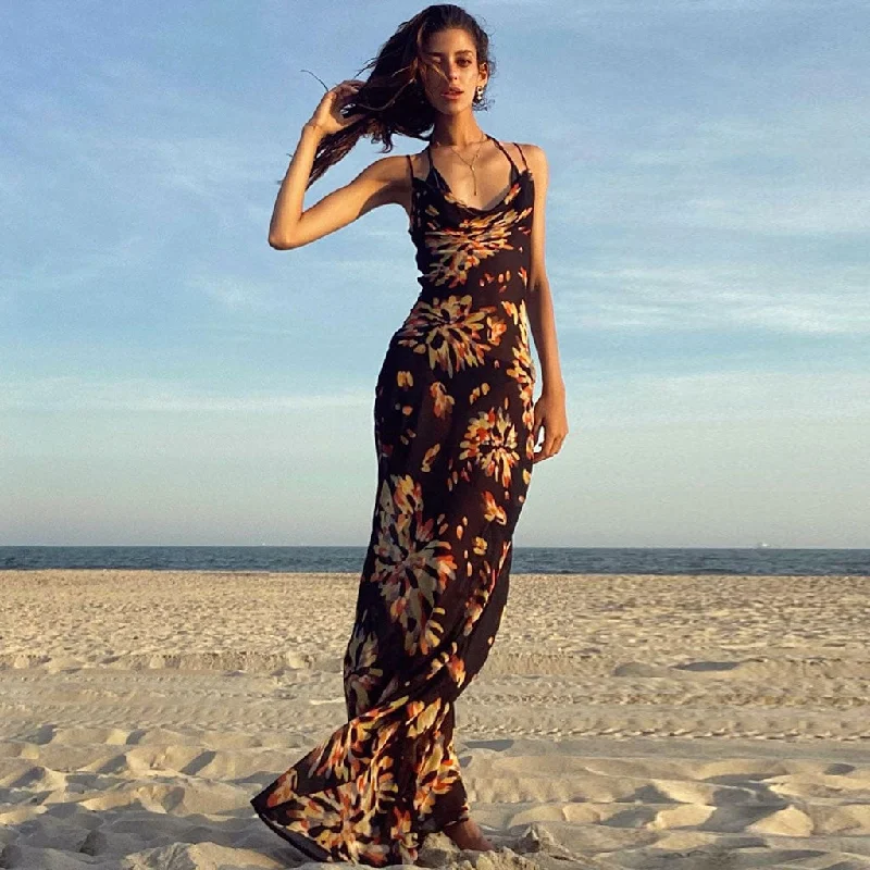 Vintage Style Firework Printed Cowl Neck Slip Maxi Dress - Black