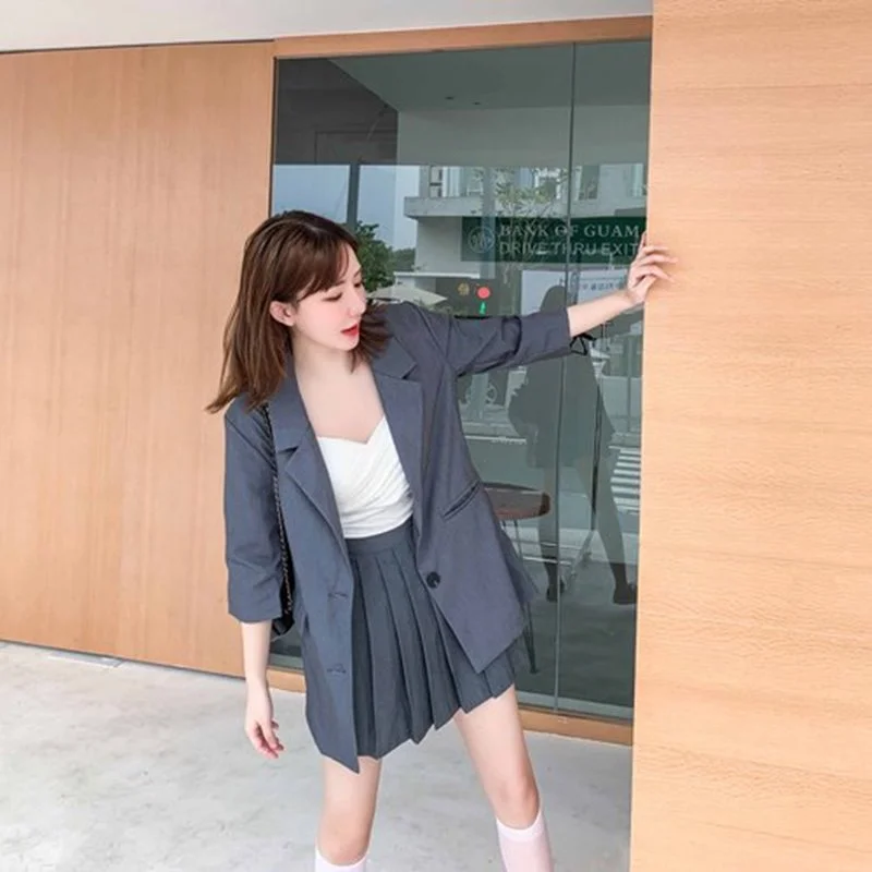 New Large size Loose Professiona Women's Clothing Korean Fashion Little Fragrant Wind Elegant Suit Pleated Mini Skirt Two Piece