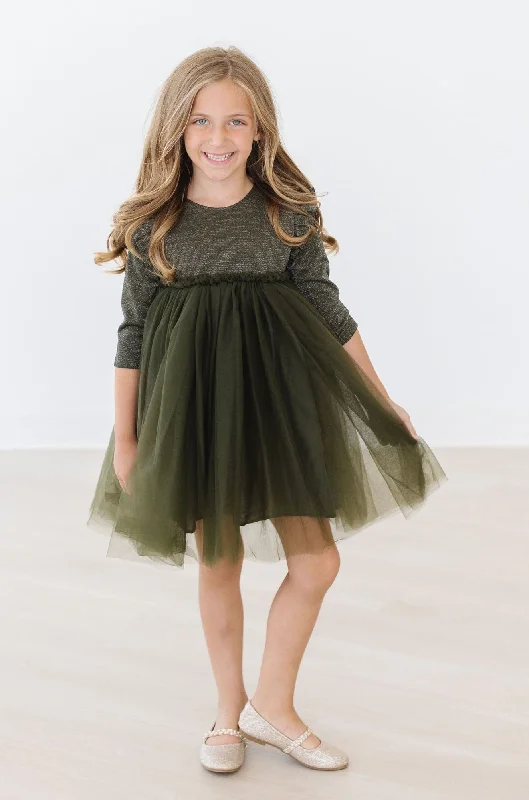 Olive Shimmer 3/4 Sleeve Tutu Dress