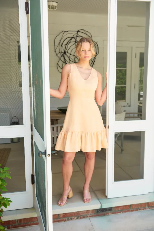 Peony - peach linen short dress with ruffle