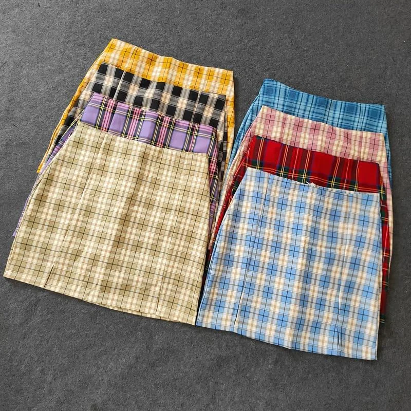 Plaid Pencil Skirts Women's High Waist Mini Skirts Lining With Shorts