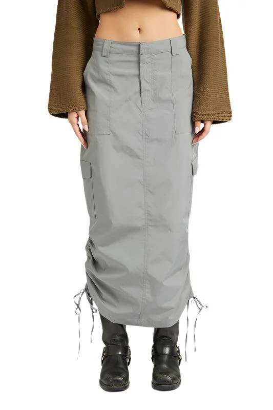 Womens Ruched Midi Cargo Skirt Grey Or Olive