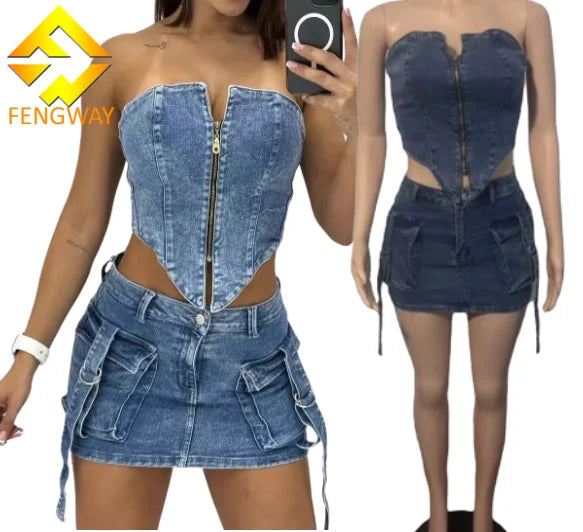 sets for women 2024 New Arrival 2 Piece Denim Zipper Tube Cargo Multipockets Skirt Shorts Sets Women Two Piece Denim Sets