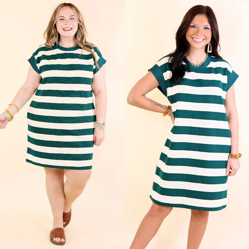 Stripe it Simple Striped Dress with Cap Sleeves in Forest Green and Cream