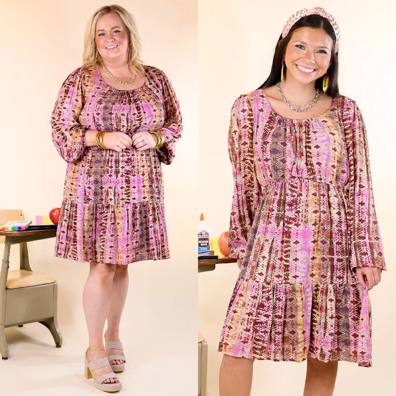 Sweetest Anticipation Long Sleeve Dress with Tiered Hem in Brown Multi