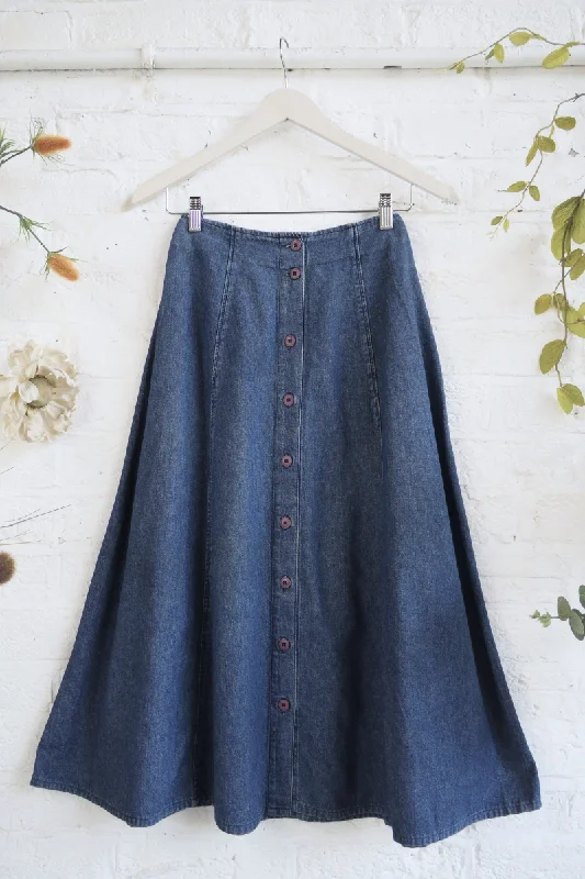 Vintage Denim Skirt - Indigo A-Line Button Up Midi - Size W24