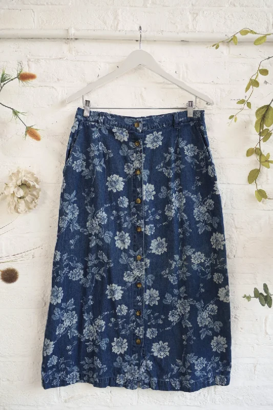 Vintage Denim Skirt - Contrast Floral Midi - Size W32