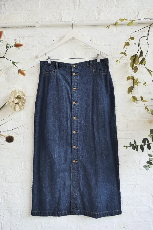 Vintage Denim Skirt - Deep Blue A-Line Maxi - Size W34