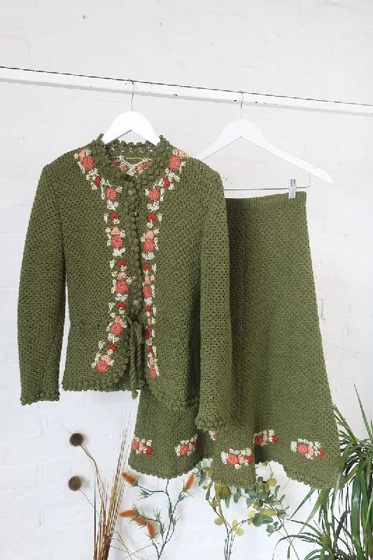 Vintage Knitted 2 Piece - Spring Up Green Floral Cardigan & Skirt - Size XXS