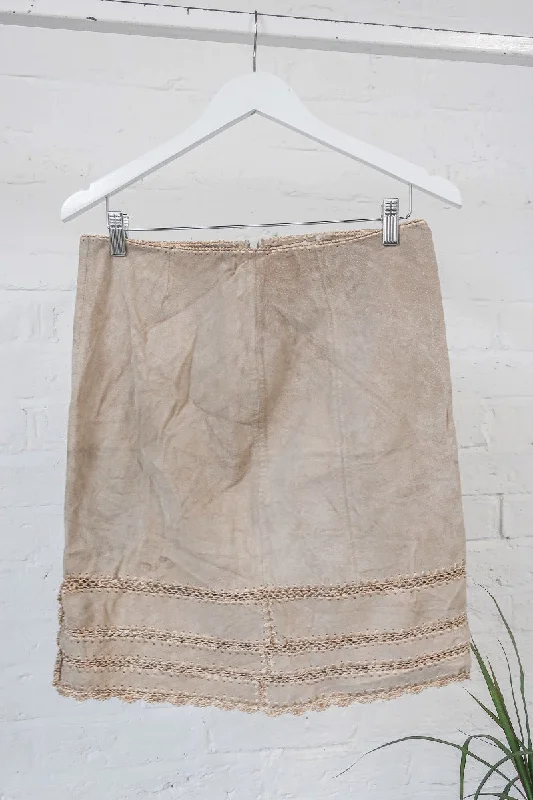 Vintage Skirt - Stone Beige Suede Crochet - Size M - W30