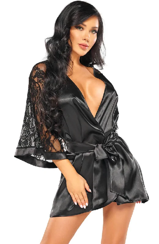 Black satin robe with lace sleeves - Lucca