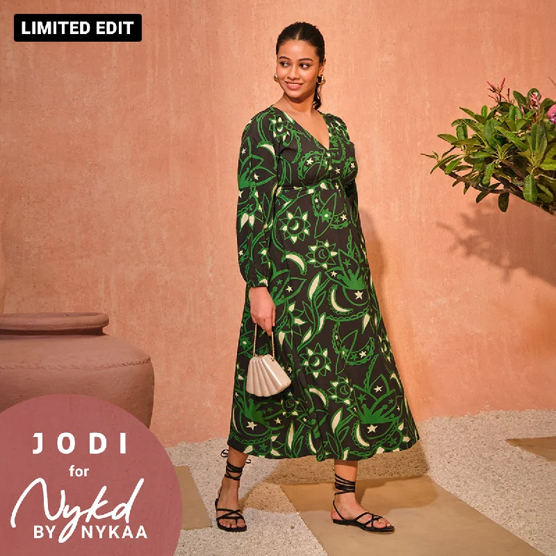 Jodi X Nykd Modal Flowy V-Neck Maxi Dress with Beaded Tassels-NYJ08-Black Sun & Moon Print