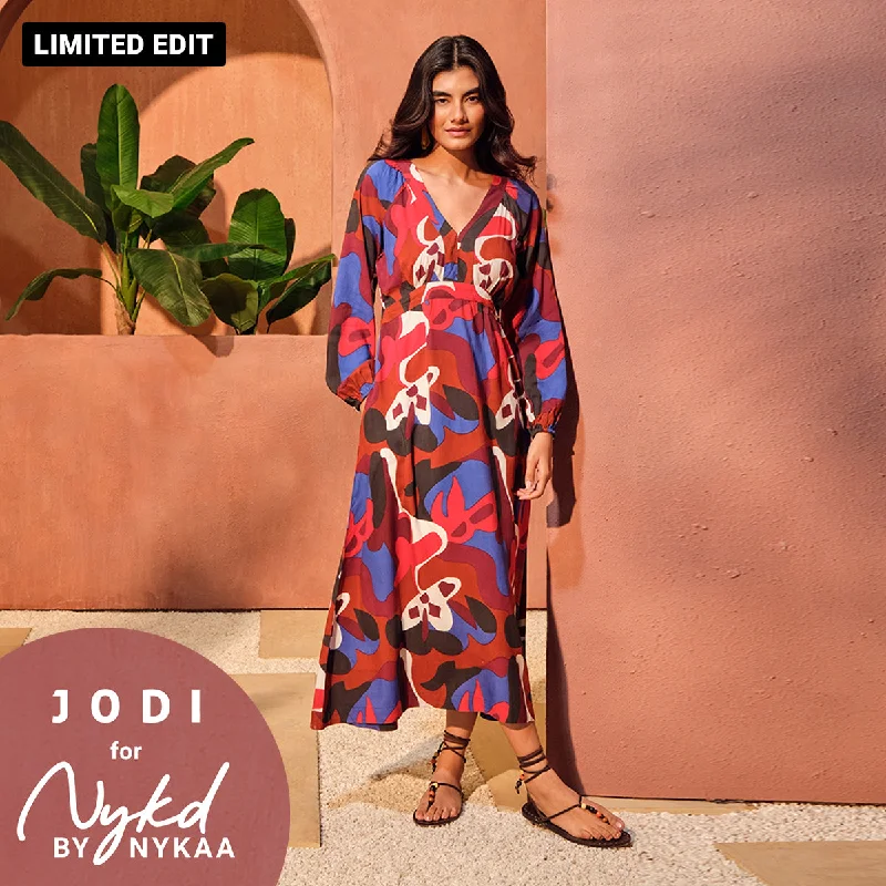 Jodi X Nykd Modal Flowy V-Neck Maxi Dress with Beaded Tassels-NYJ08-Toffee Patch Print