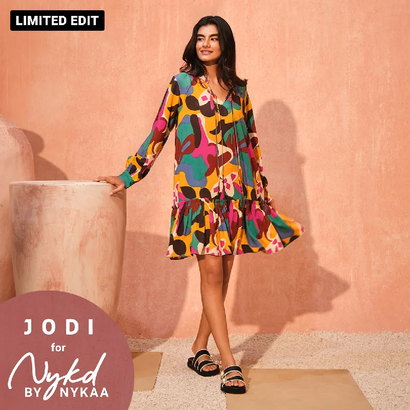 Jodi X Nykd Modal Knee Length Dress with Ruched Hem-NYJ09-Colourful Patch Print