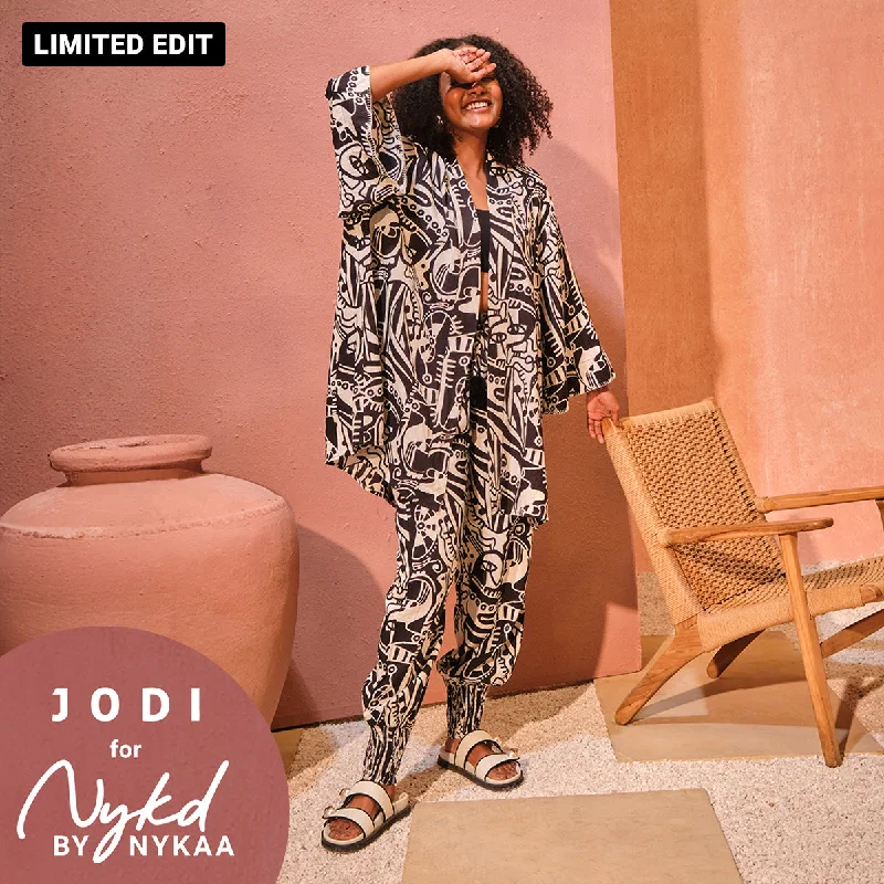 Jodi X Nykd Modal Smocked Comfort Pant with Pompom Tassels-Intertwined Print-NYJ05-Black & White