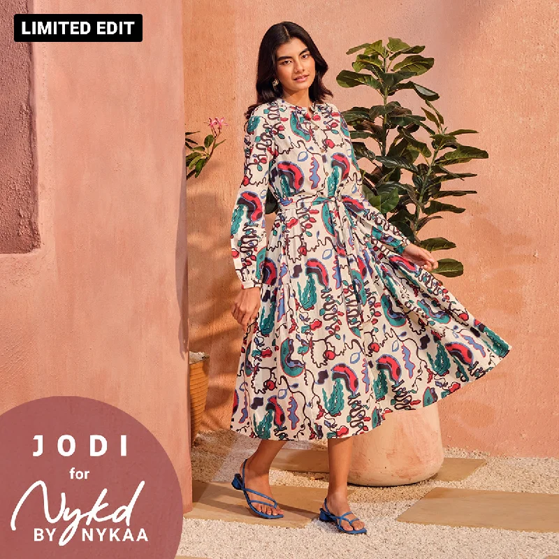 Jodi X Nykd Mangalgiri Cotton Midi Shirt Dress with Belt & Pockets-NYJ07-White Plantain Marble Print