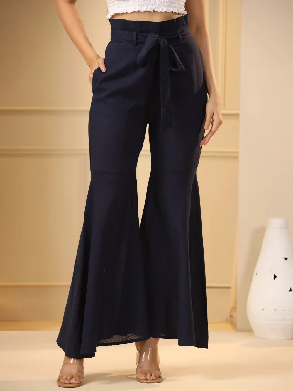 Navy Blue Flared Pure Cotton Trousers