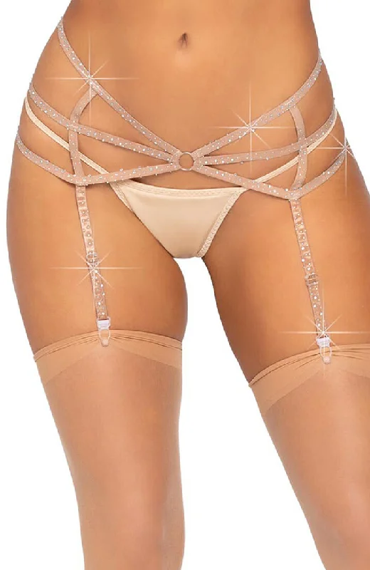 Nude cage-strap garter belt with rhinestones