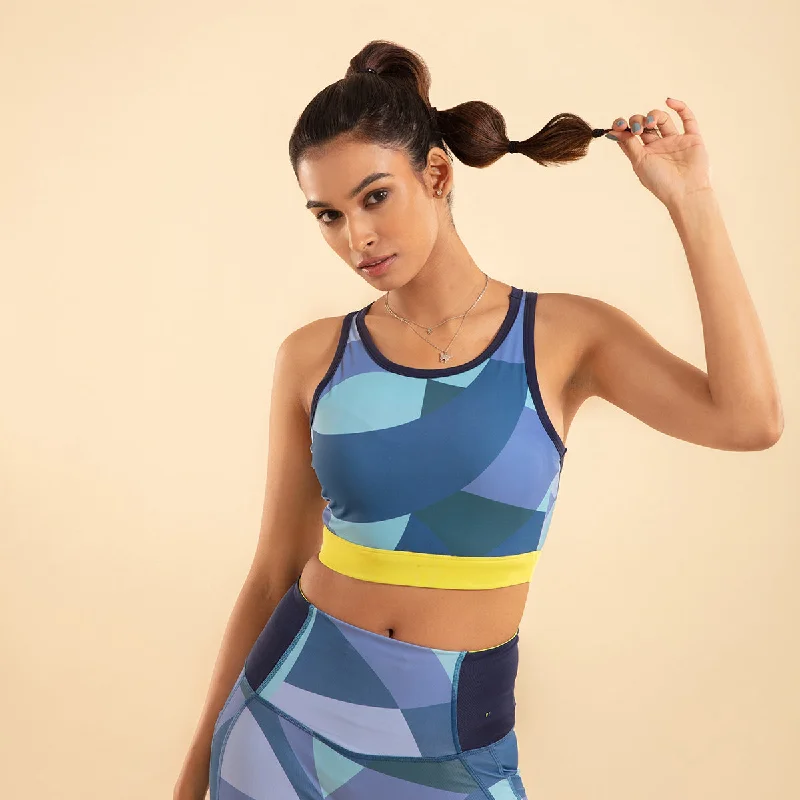 Nykd All Day Low impact Crop top Bra-NYK112-Abstract print + Peacoat Navy + Lime