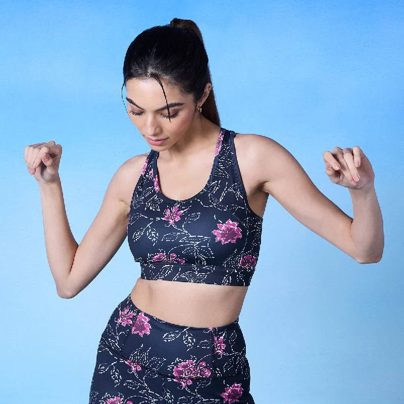 Nykd All Day On-Trend Sports Bra With Keyhole Back-NYK082-Batik Black Print