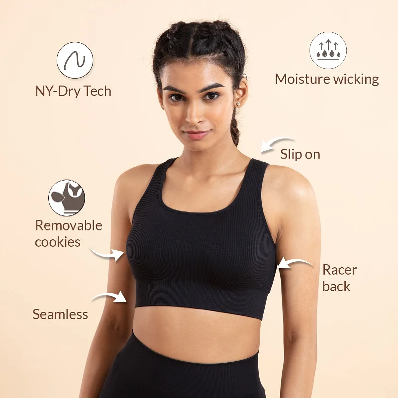 Nykd All Day Seamless Sports Bra with removable cookies-NYK096-Jet Black