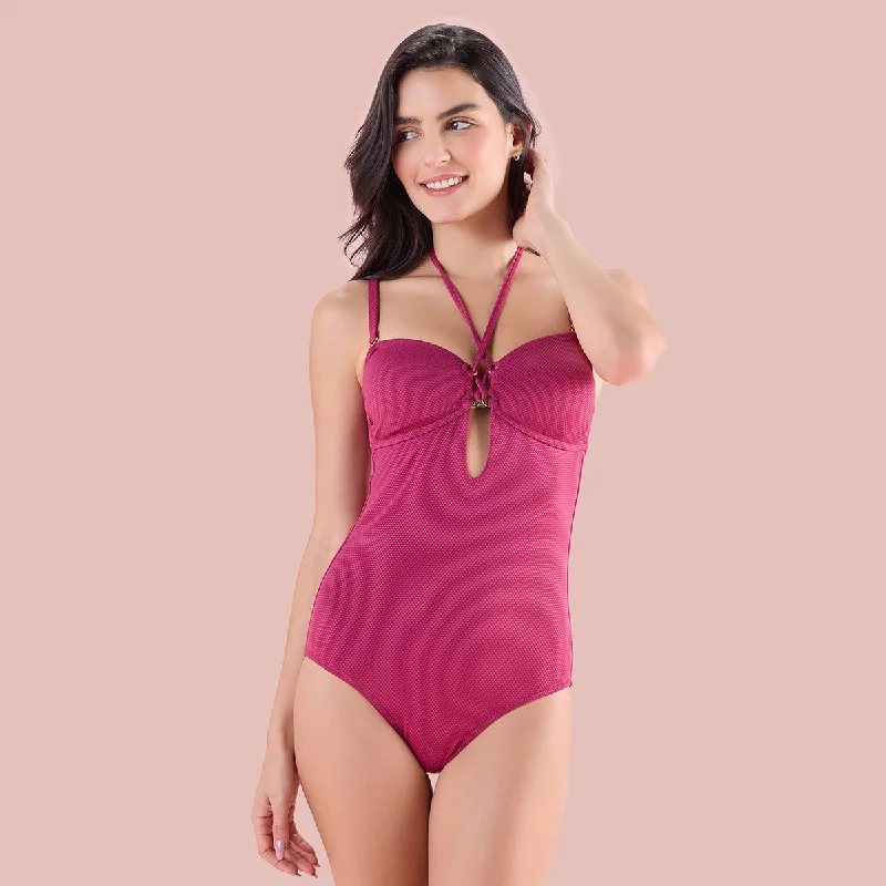 Chic Tie-Up Detail Swimsuit with stylish cut-out-NYSW14-Wine