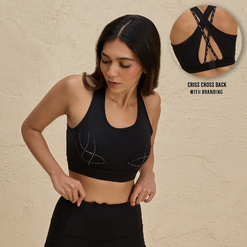 Reflective Print Sports Bra with Criss cross Back-NYK298-Jet Black