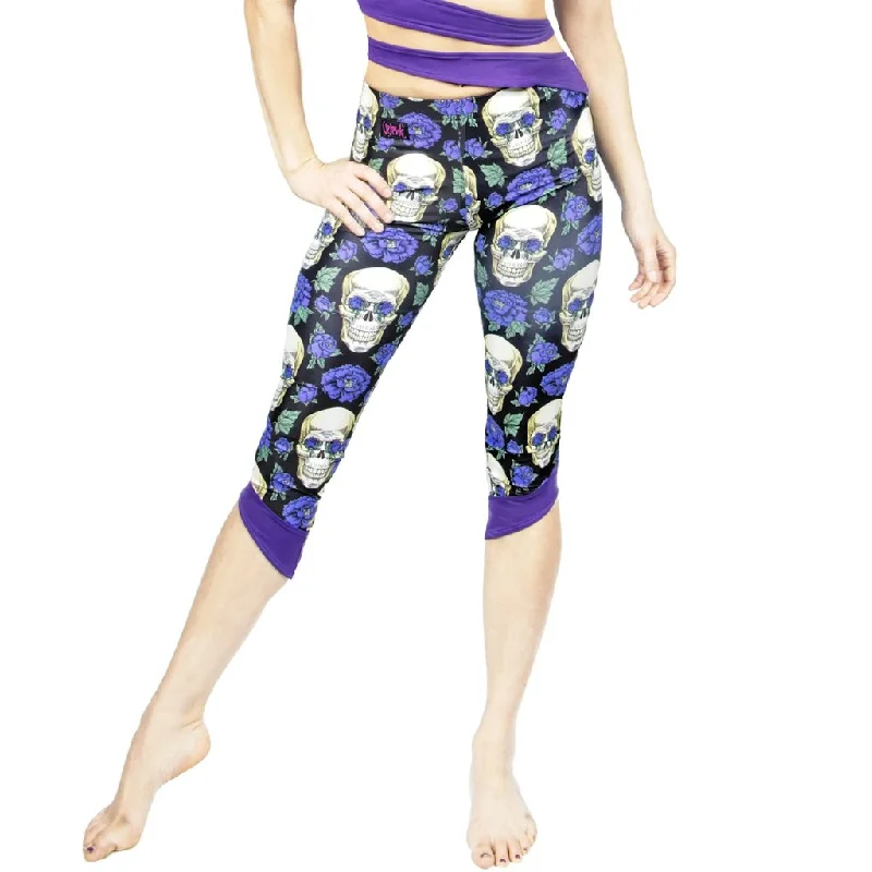 Siren Print Cropped Leggings - Skull Flowers / Purple