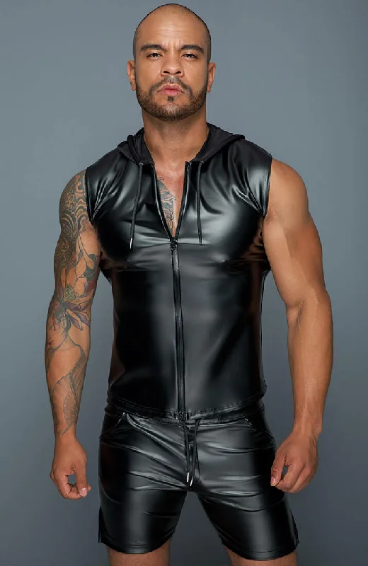 Sleeveless wet look shirt with hoodie - Hooded Bro